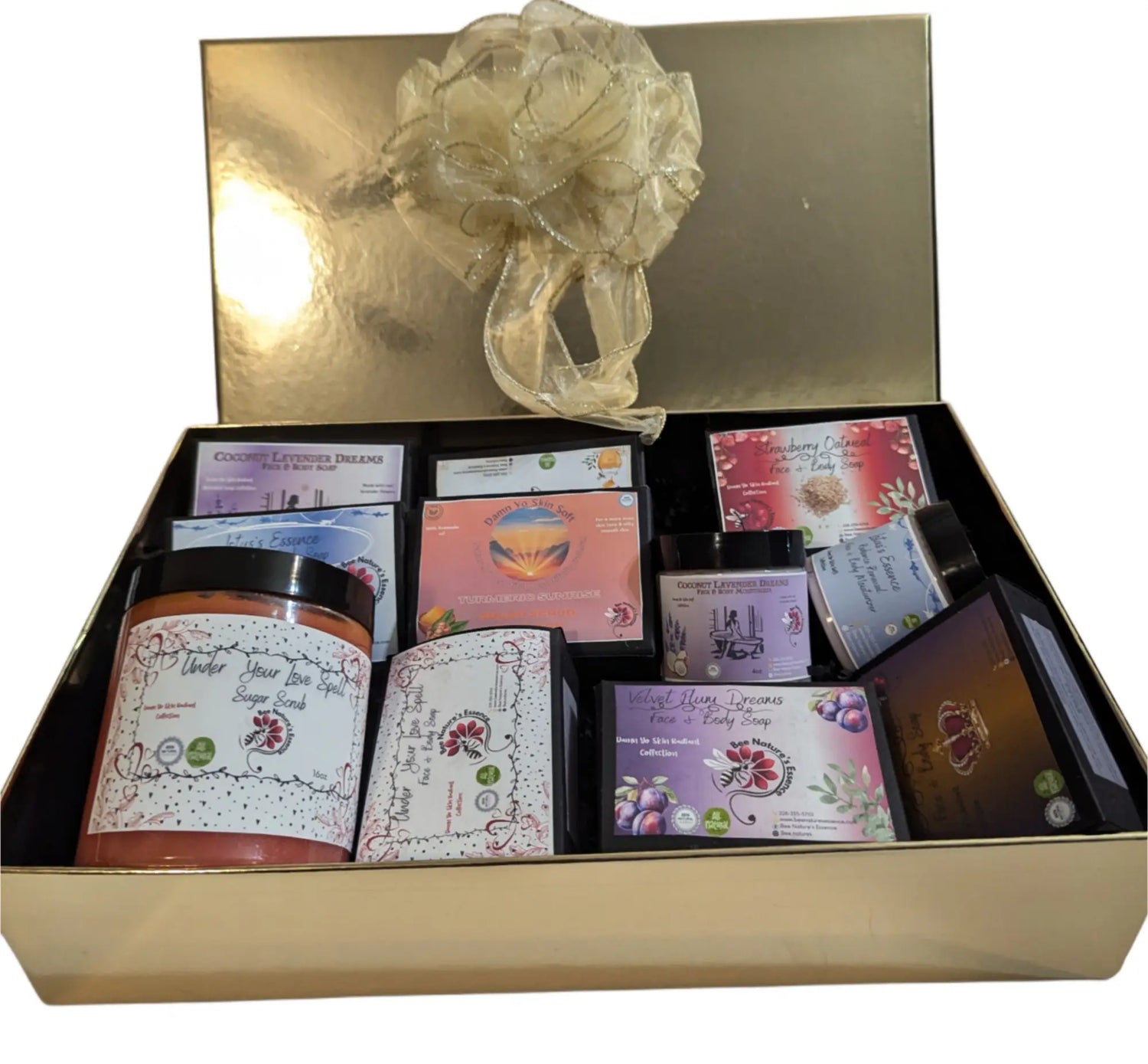 Gift box with hair care products and all-natural skin items in gift baskets collection.