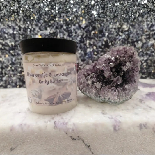 Jar of Chamomile & Lavender Body Butter near Amethyst Crystal, part of Divine Skincare Bundle