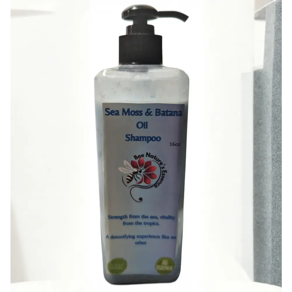 Clear plastic pump bottle of Sea Moss & Batsana Oil Shampoo from Osasere Imaghodor’s Luxurious Hair Bundle