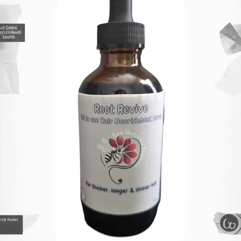 Brown glass bottle with dropper labeled Root Revive from Osasere Imaghodor’s luxurious hair bundle