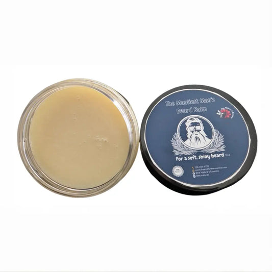 Open tin of Navy Blue Beard Balm featuring a bearded logo for Divine Skincare Bundle