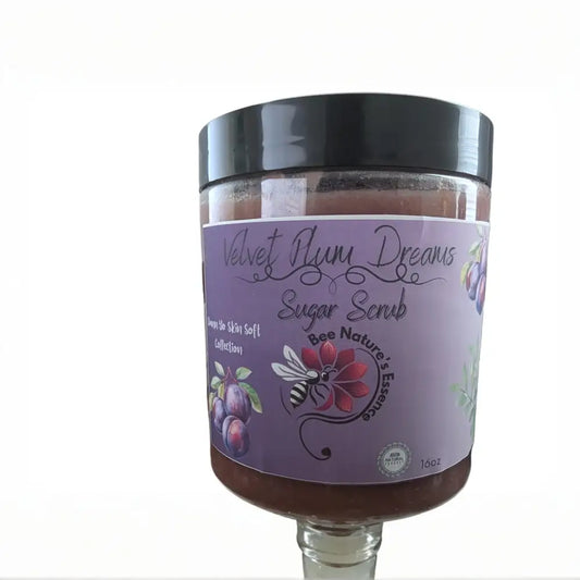 Purple sugar scrub jar with black lid for luxurious natural skincare by Osasere Imaghodor