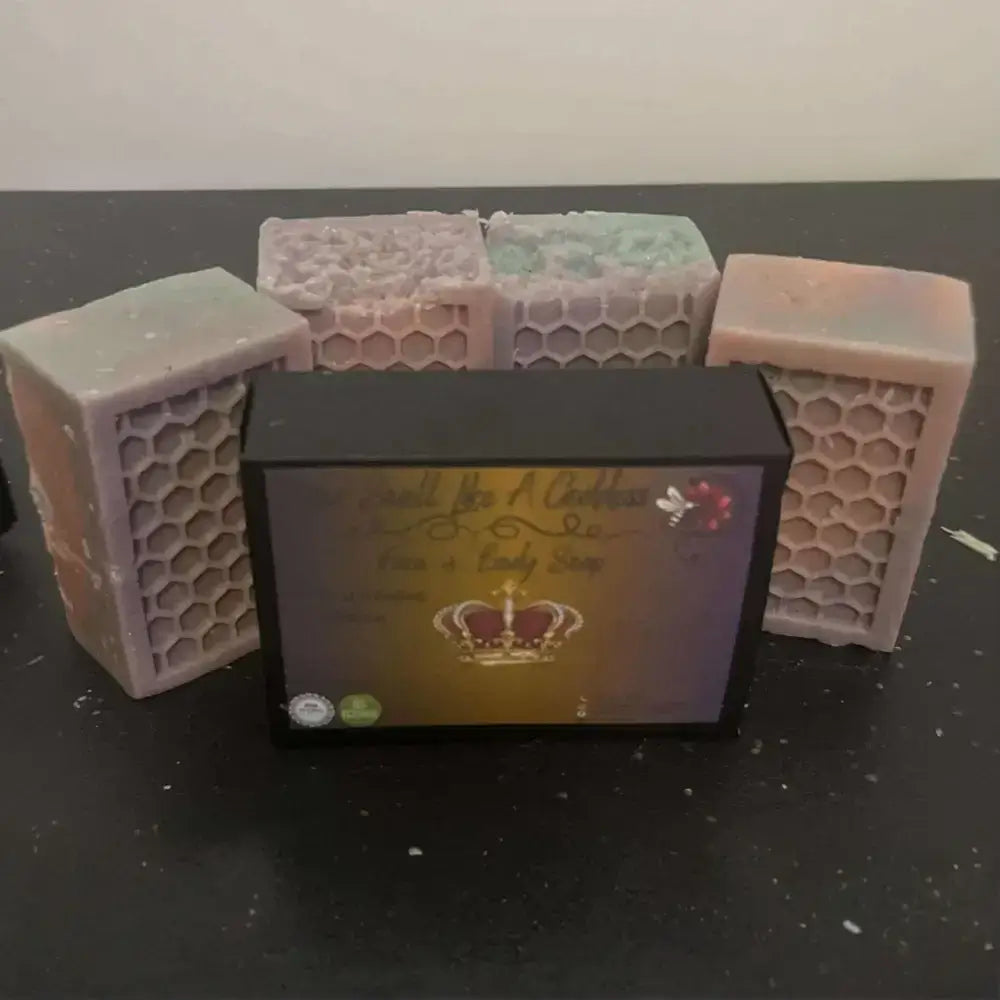 Handmade soap bars with honeycomb patterns from the Divine Skincare Bundle by Osasere Imaghodor