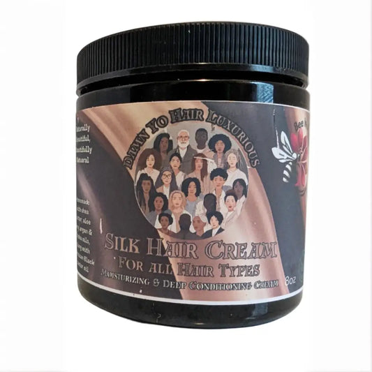 Black jar of Silk Hair Cream for luxurious styles with diverse hairstyles illustration